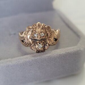 Diamond Lion Head Vintage Gold Ring 10k